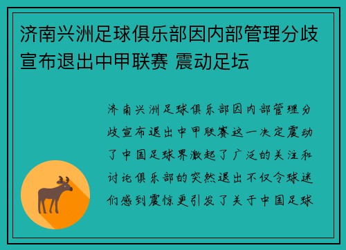 济南兴洲足球俱乐部因内部管理分歧宣布退出中甲联赛 震动足坛
