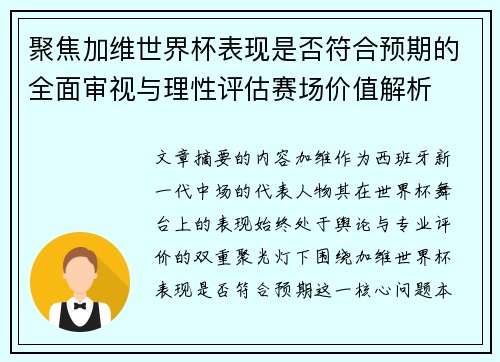聚焦加维世界杯表现是否符合预期的全面审视与理性评估赛场价值解析